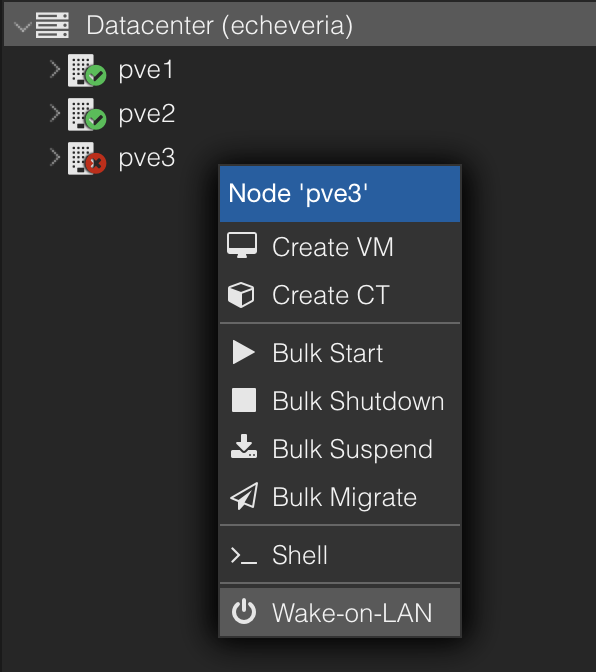 screenshot of proxmox wake on lan menu